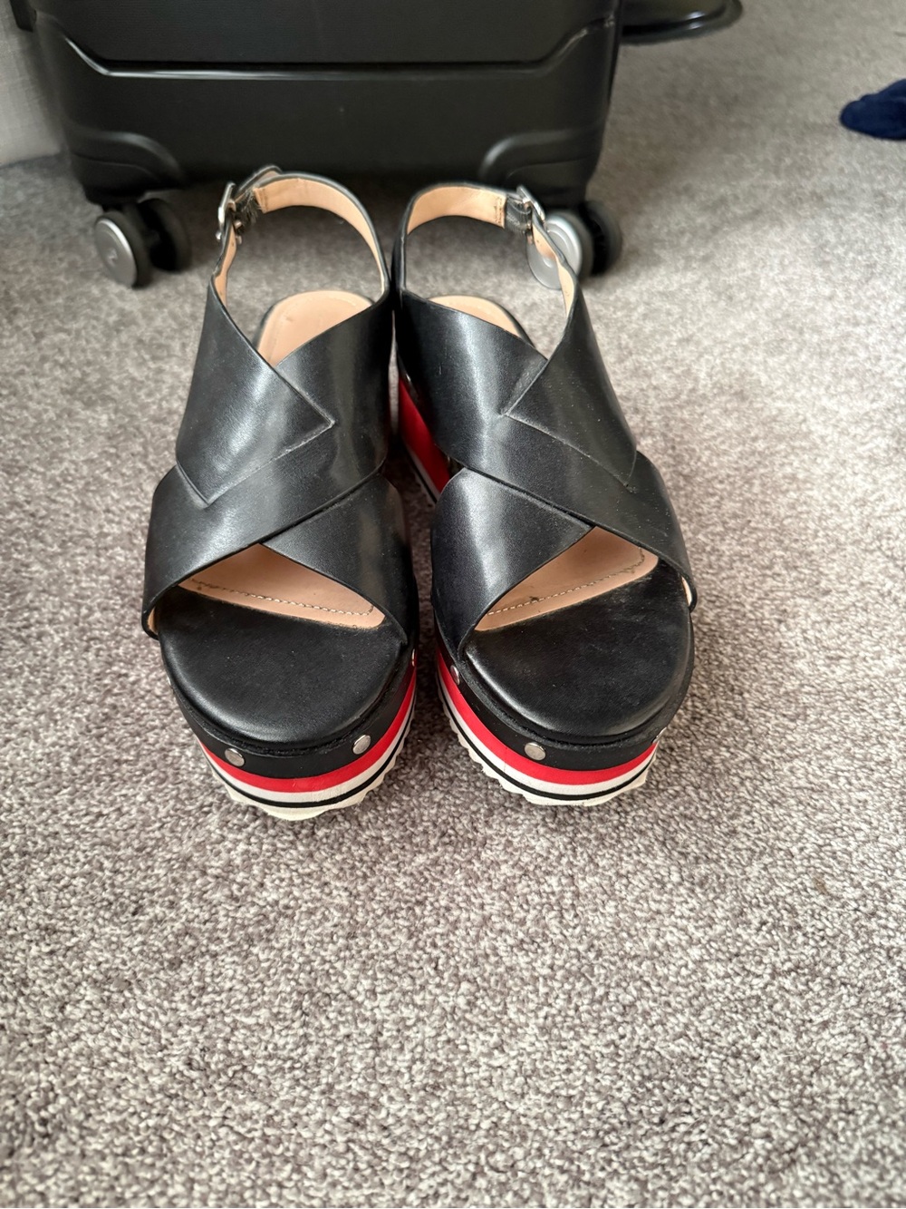 Zara Black Platform Slingbacks with Red and White Stripe